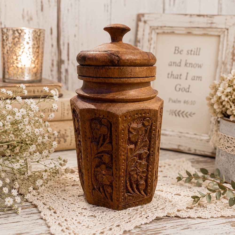 Carved Sheesham Wood Smoking Pipe Tobacco Humidor Jar Canister Boho cottagecore